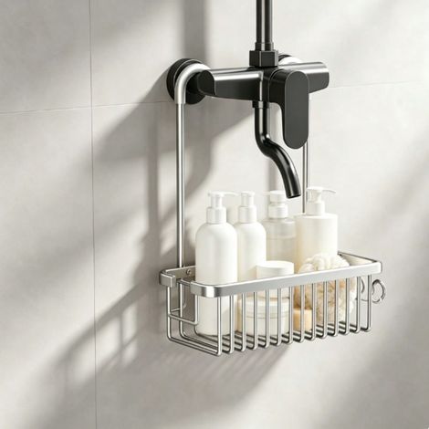 Panier de rangement suspendu pour pommeau de douche, étagère de douche métallique sans perçage, support suspendu pour shampoing, gel douche et articles de toilette, argenté, 40 cm (1/5)