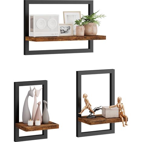 Floating Shelf Wall,Set of 3 Wall Shelves,Hanging Shelves for Wall Storage,Display Racks,Square Bookcase for Living Room, Office, Bedroom, Bathroom, Kitchen,Brown (1/5)
