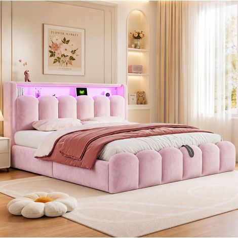 Letto imbottito matrimoniale 180x200 cm rosa con contenitore idraulico, LED e porte USB/Type-C (1/5)