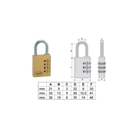 LUCCHETTO AD ARCO A COMBINAZIONE PL020- - mm.21 a 3 combinatori (PL0202100) - 2 blister CORBIN