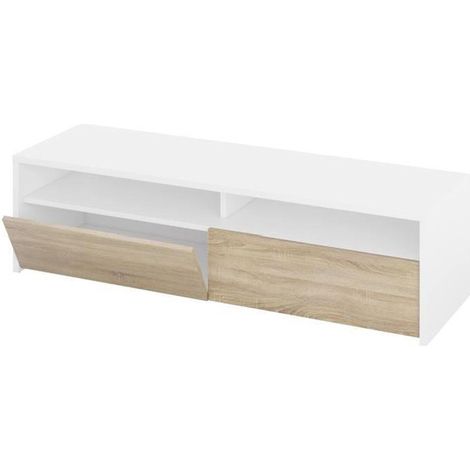 Pegane – Meuble TV blanc et chêne – Dimensions L 130 x P 42 x H 36 cm – 2 portes abattantes – Panneaux de particules mélaminés (1/2)