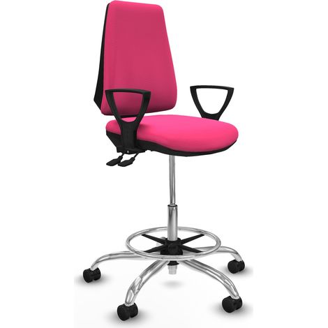 Taburete Elche AS similpiel rosa brazos fijos base cromada ruedas 65mm nailon