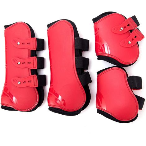 Lot de 4 guêtres de Protection Fetlock pour Chevaux - Protection Contre Les sauts de Chevaux Avant et arrière - Robuste - Élastique - en néoprène - Fermeture à Boutons (L(WB) - Rouge (1/5)