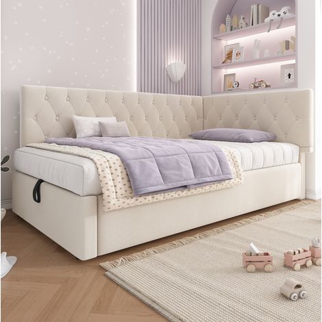 lit adulte rangement modulable 90x190 velours beige OKMYHOME (1/5)