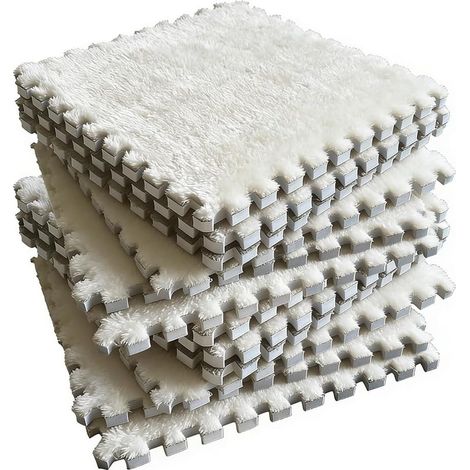 Tapis d'éveil en peluche blanche, 12 pièces en mousse en peluche entrelacée, 30 x 30 cm, tapis de sol en mousse pour puzzle, tapis de sol moelleux pour salon et chambre à coucher (1/5)
