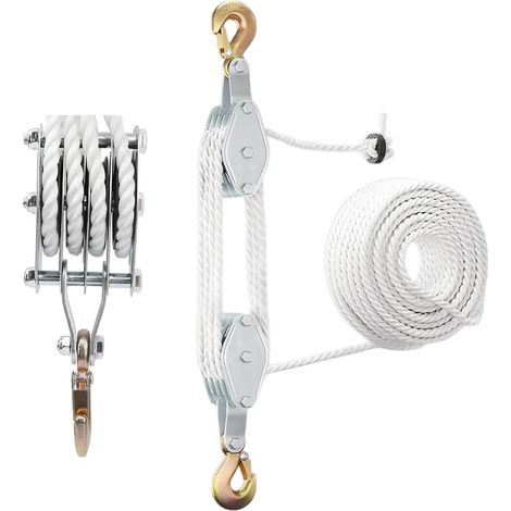 Poulie lourde avec frein à câble en nylon de 20 m : poulie de charge maximale 2200 lb Cordes de levage manuelles économiseur de main-d'œuvre Palan haute performance pour garages, entrepôts (1, argent) (1/5)