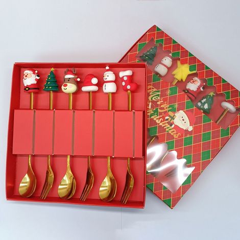 Coffret cadeau cuillère et fourchette en acier inoxydable avec motifs de Noël (ensemble de 6 pièces dans une boîte rouge de Noël) (1/4)