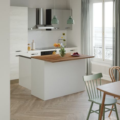 Îlot de cuisine central 125 cm blanc brillant/chêne wotan – 2 portes battantes Soft Close – Panneaux mélaminés 25 mm – Design contemporain – Deladeco (1/5)