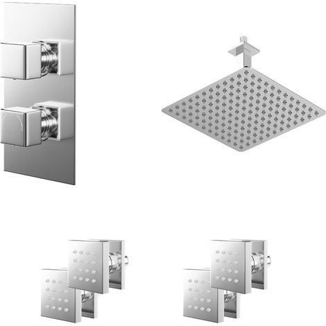 Cubix Polished Chrome Concealed Twin Thermostatic Shower Valve with Diverter and 300mm Square Head with 150mm Ceiling Arm and 4 Body Jets - 2 Outlet (1/5)
