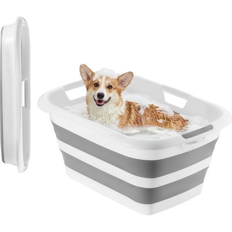 Mophorn Faltbare Hundebadewanne 34L, Tragbare Haustierbadewanne aus PP & TPR, Wanne zum Baden und Pflegen für Kleine Hunde und Katzen bis 9kg, Vielseitiger Wäsche- und Aufbewahrungskorb, Grau & Weiß (1/5)