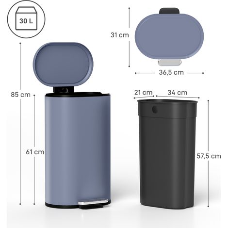 Poubelle cuisine 30L avec pédale métallique, couvercle silencieux à fermeture douce, grise, dimensions 36,5 x 31 x 61 cm, idéale pour déchets ménagers (1/5)
