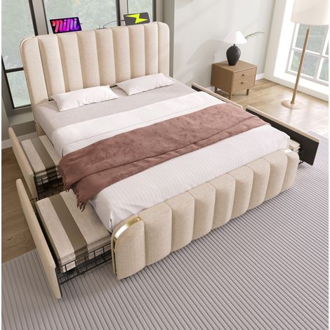 Cama de adulto 140x190 cm con 4 cajones, cabecero con puertos USB y Type-C, en lino beige, sin colchón (1/5)