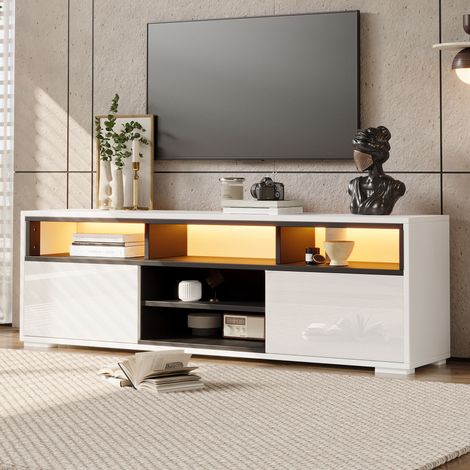 Meuble TV LED 150 x 35 x 50 cm, meuble TV bas brillant avec 2 portes et 8 rangements, aggloméré, blanc