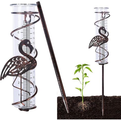 Pluviomètre, pluviomètre en verre avec pieux métalliques, outil de mesure de pluie, jardin, Cour, pluviomètre décoratif extérieur (Flamingo) (1/5)