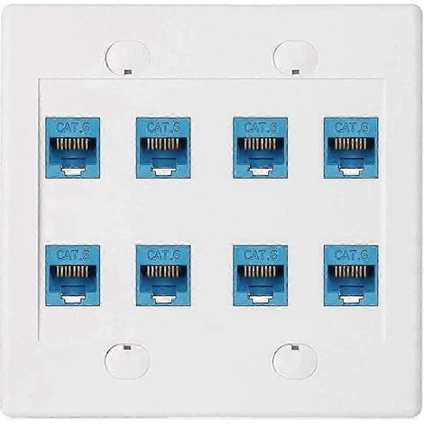 Plaque murale Ethernet 8 ports - Double prise Cat6 RJ45 femelle-femelle - Bleue (1/4)