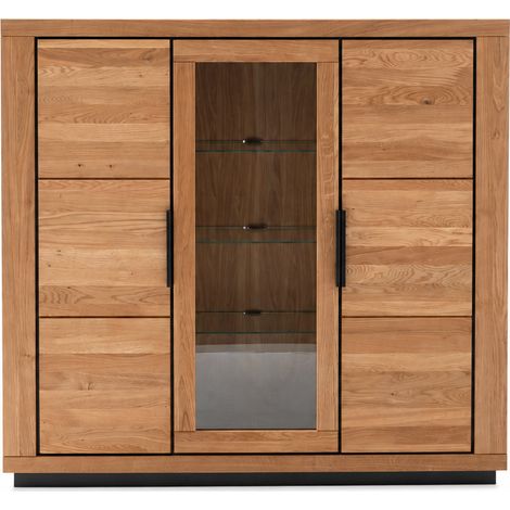 Vaisselier vitrine 3 portes dont 1 porte centrale vitrée , coloris chêne massif huilé - Longueur 153 x Hauteur 142 x Profondeur 40 cm (1/4)