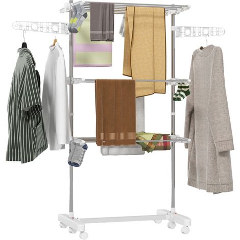 Séchoir à linge étendoir pliable ailes latérales utilisation intérieure et extérieure 142 x 55 x 152 cm 3 niveaux blanc (1/5)