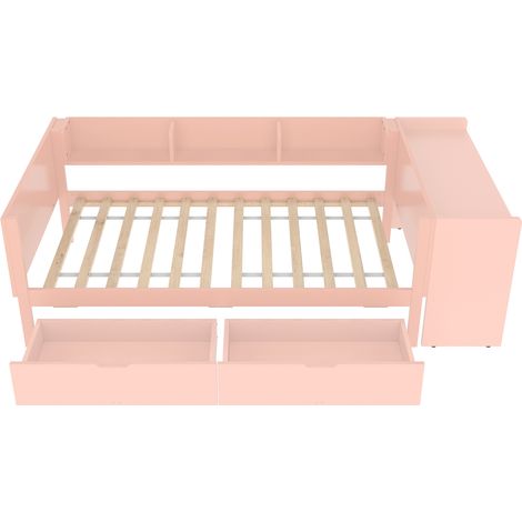 Cama individual 90x200 cm con escritorio, 2 cajones y estantes, pino y tablero, rosa (1/5)