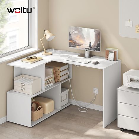 WOLTU Escritorio esquinero con 2 tomas de corriente y puerto USB-C para oficina o estudio - Blanco