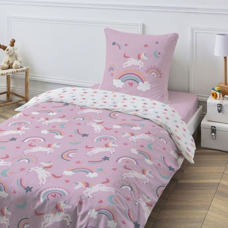 Parure de lit enfant 100% coton réversible Licorne 140x200cm – 57 fils/cm² – Lavable en machine à 60° – Certifiée OEKO-TEX® – (1/3)
