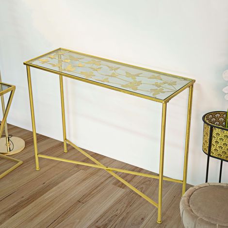 Consola Meknes, un Estante, Tabla Decorada con Mariposas, Estructura de Vidrio, 100x35x80h cm oro (1/5)