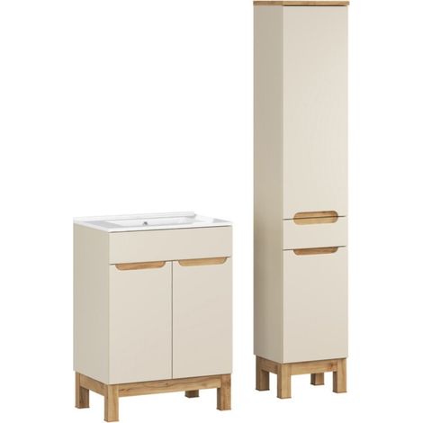 Set da bagno ERMANO effetto cachemire quercia 95cm: mobile sotto lavabo + lavabo incasso bianco + colonna
