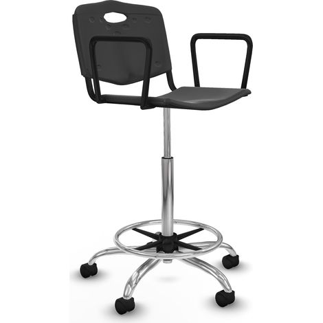 Taburete Robledo giratorio plástico negro brazos fijos base cromada ruedas nailon 50mm