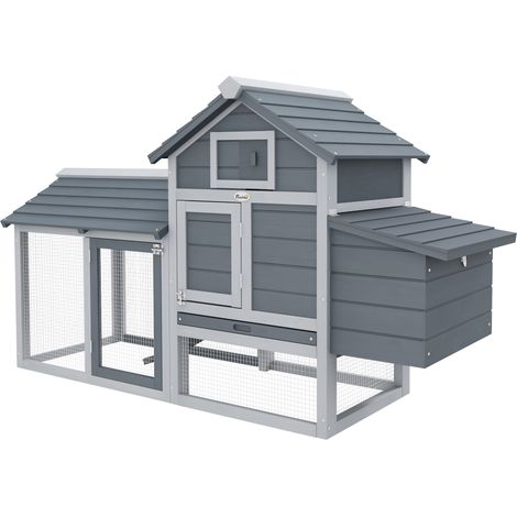 PawHut Petit poulailler cottage cage à poules sur pied dim. 150,5L x 54l x 87H cm multi-équipement bois massif de sapin (1/5)