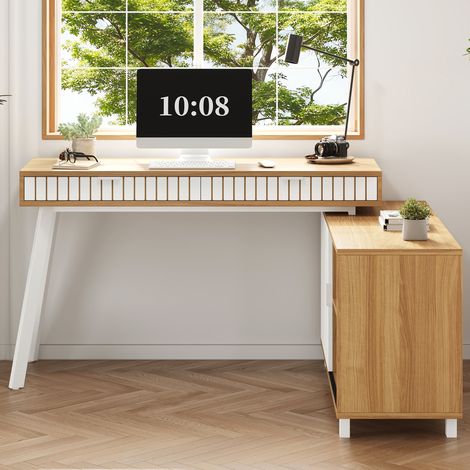 Bureau en L 140x120x76,5cm style minimaliste,bandes verticales,pieds acier et 2 tiroirs. Couleur naturel + blanc. (1/5)