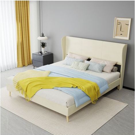 Lit Rembourré 160x200 cm Tissu Beige - Lit double - Design Moderne Tête de Lit Douce Respirant Cadre Solide (1/5)