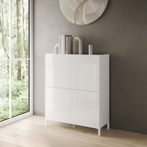 Credenza in legno 90x110 cm a 4 ante e 2 vani con ripiani Bianco Lucido HARAS (1/3)