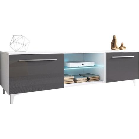Mueble TV Nashville 120, Blanco + Gris brillante, Número de puertas: 2, Número de cajones: 0, 150x44x45cm, LED (1/4)