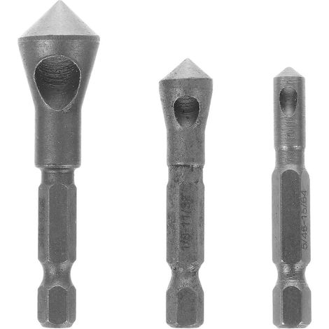 Jeu de 3 outils de chanfreinage en acier cobalt pour ébavurer et fraiser le plastique, l'aluminium, le cuivre et le PVC. Haute dureté. Utilisation sur perceuse d'établi. (1/5)