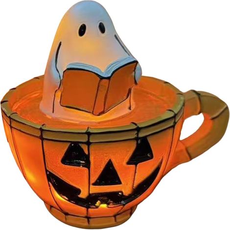 Ghost Reading Book Lamp, Stained Glass Style Halloween Night Light, Resin Spooky Pumpkin Ghost Bedside Lamp, USB Powered Decor Lampes for Bedroom, Living Room, Halloween (1/4)