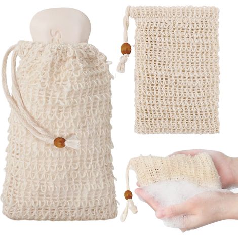 3 sachets à savon en sisal, filet naturel avec cordon de serrage, pour mousser, sécher et masser le savon, rangement pratique (1/5)
