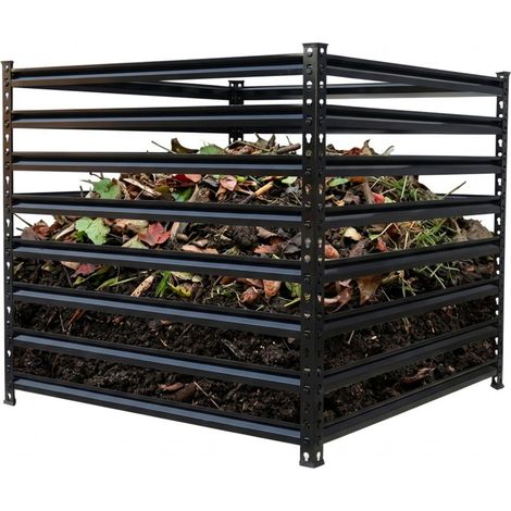 Relaxdays Compostador metálico, biocompostador jardín, 90×100×100 cm, 900 l, para hojas, acero galvanizado, negro (1/5)