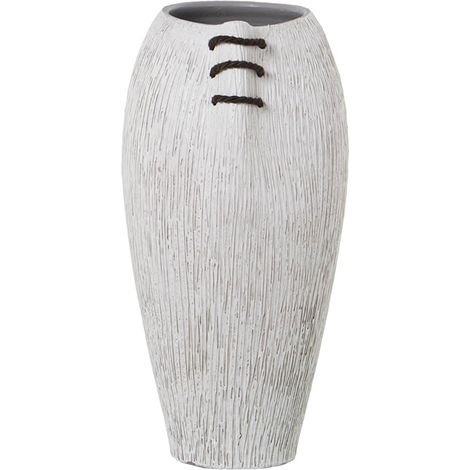 Vase de Sol en céramique Blanc rayé et Cordon Marron 20 x 23 x 42 cm, Bouche 12 x 15 cm