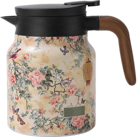 Bouilloire vintage florale en acier inoxydable de 1000 ml avec infuseur, compartiment à thé et isolation thermique pour boissons. (1/5)