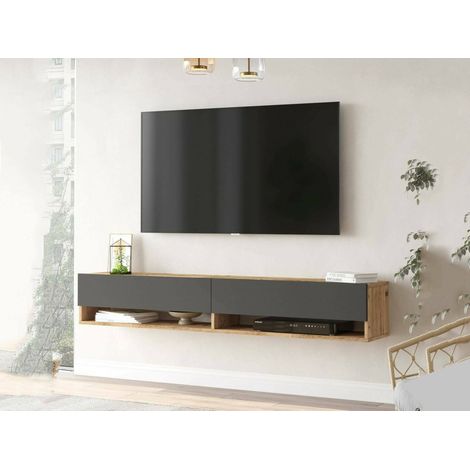 Dmora - Mobile porta TV Compasso, Credenza da soggiorno, Armadio basso per TV, Base parete attrezzata, 180x32h29 cm, Quercia e Antracite (1/5)