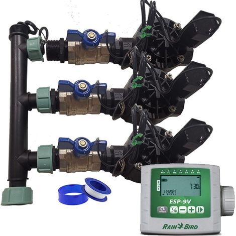 Sistema di Irrigazione Automatica a 3 Zone con Programmatore ESP 9V + Elettrovalvole Rain Bird HV 1'' 9V