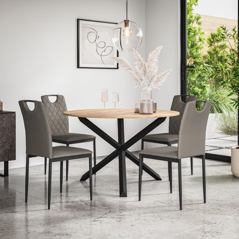 Malvern Round Dining Table And Chairs -  Oak Table Top w Solid Oak Black Legs + Monza Faux Leather Dining Chair Set Of 4 (Grey) (1/5)
