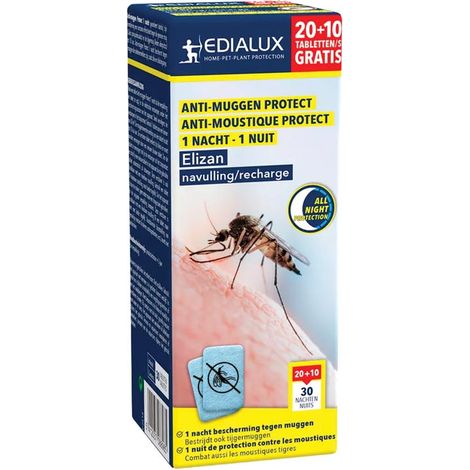 Edialux Recharge pastilles anti-moustiques diffuseur, protection jusqu’à 10h, efficace contre moustiques et moustiques tigres, usage intérieur, 30 pièces