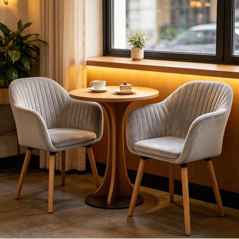 Set de 2 sillas de comedor con reposabrazos en terciopelo gris claro, patas de madera y metal OKWISH (1/5)