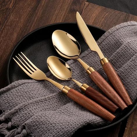 (Or) Ensemble de couverts à manche en bois, couteau, fourchette et cuillère en acier inoxydable, lavable au lave-vaisselle, ustensiles de cuisine. (1/4)
