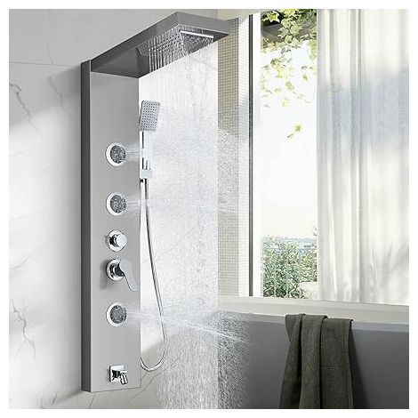 Panneau de douche hydromassage en acier inoxydable, ensemble de colonne de douche à 4 fonctions, pommeau de douche, douche cascade, douche massante, bec de baignoire (brossé) (1/5)