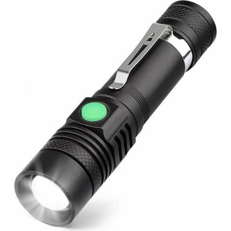 Lampe Torche LED Rechargeable USB, Lampe de Poche 600 Lumens, IP65 étanche, 4 Modes Eclairage, Lampe de Poche Zoomable pour Ménage, le Camping, La Randonnée, D'urgence (Batterie Incluse)