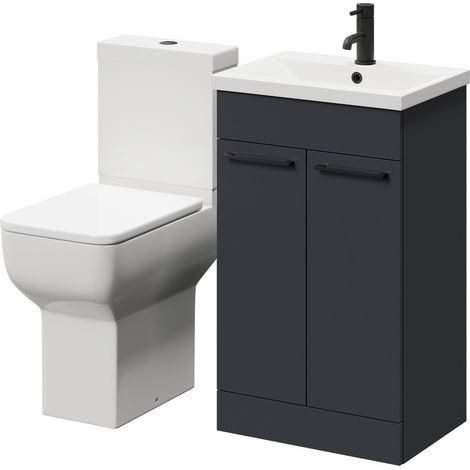 Alessio Gloss Grey 500mm Vanity Unit and Toilet Suite including Comfort Height Toilet and Floor Standing Vanity Unit with 2 Doors and Matt Black Handles (1/5)