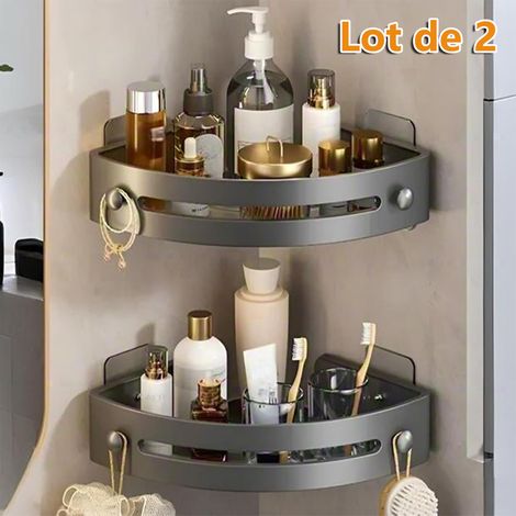 Lot de 2 Étagère d'angle sans perforation,support de rangement de salle de bain,panier triangulaire facile à installer,support de rangement avec deux crochets (1/5)