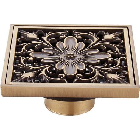 Square antique brass shower drain with 10cm siphon and removable cover for wastewater filter - engraved (1/5)