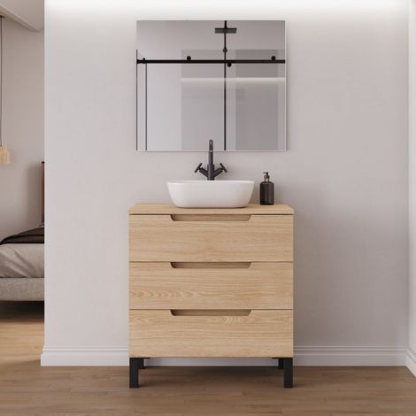 Meuble de salle de bain 70cm avec plateau et vasque à poser arrondie - 3 tiroirs - roble era (chêne clair) - RIZA (1/5)